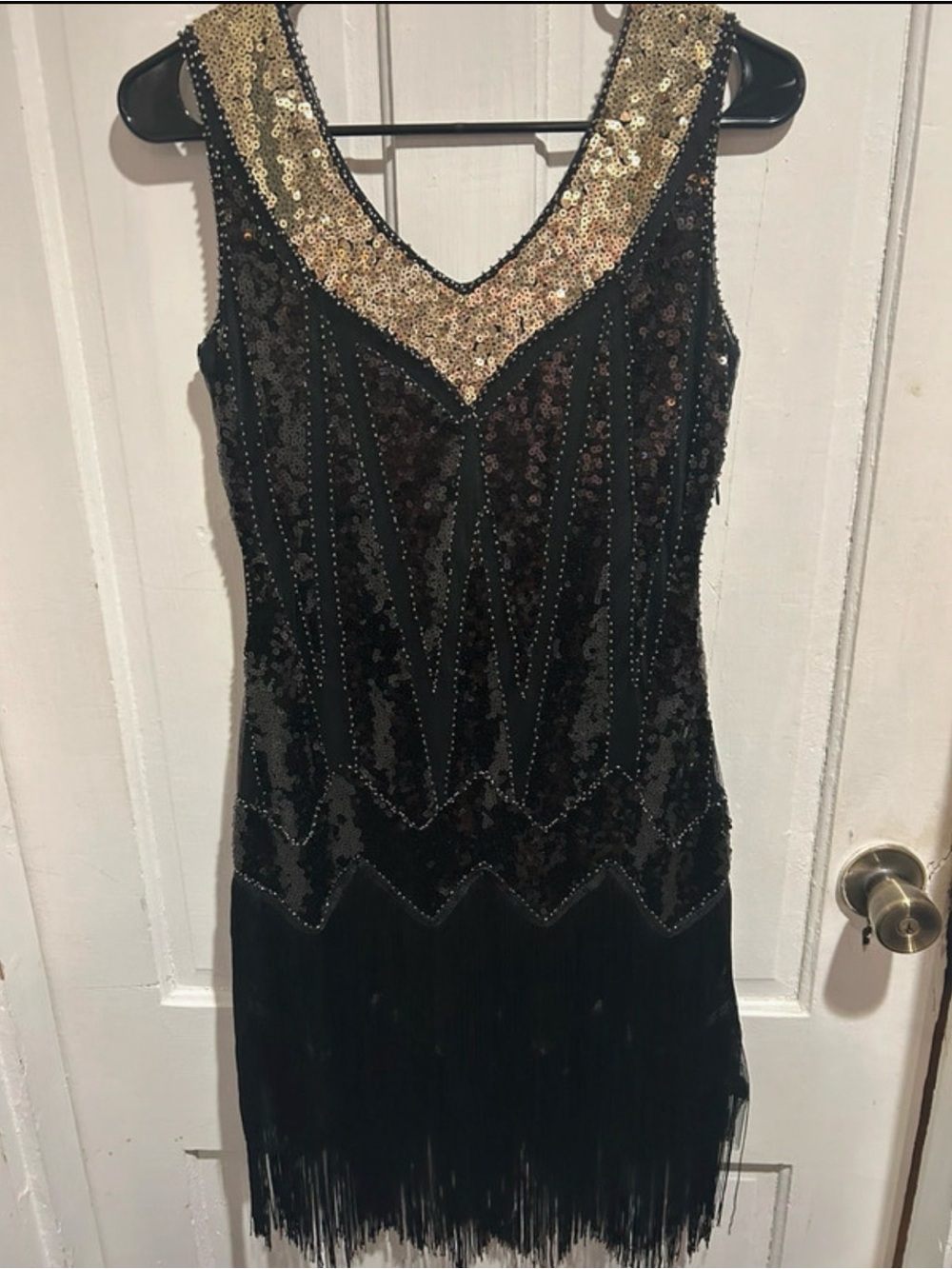 Black and Gold Sequin V-Neck Fringe Evening Dress